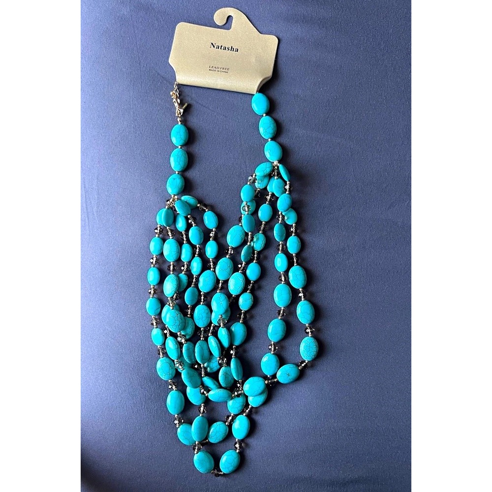 Natasha Turquoise Blue Multi Strand Beaded Statement Bib Necklace New w/ Tag